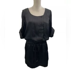 BCBGeneration Women Black Satin Shirt Dress Size Medium Pockets Drawstring